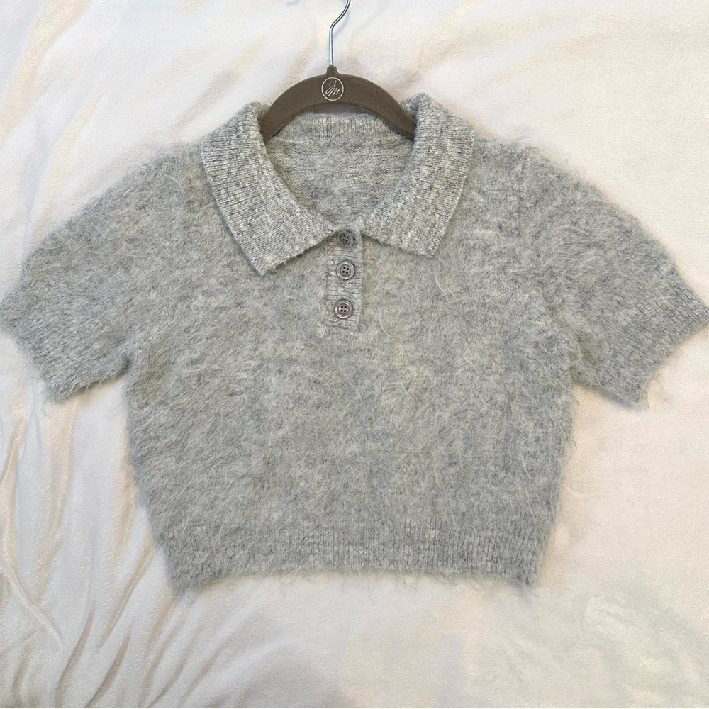 Gucci Brushed Wool Mohair Cashmere Silk Crop Collar Gray Sweater Women’s L